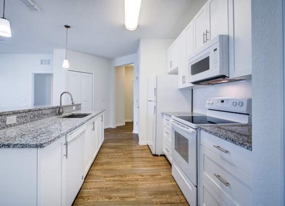 a kitchen with white cabinetry and granite countertops  at Century Avenues, Lakeland, 33813