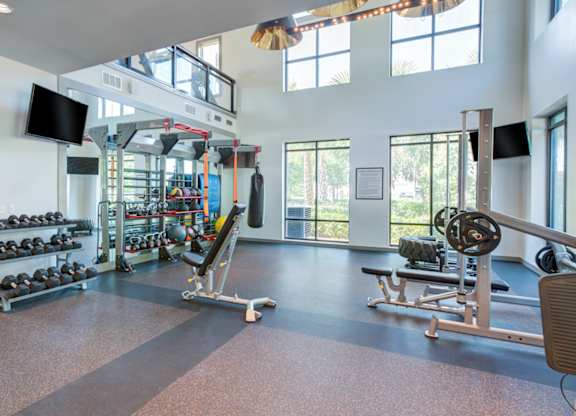 a gym with weights and other equipment and windows at Century Town Center, Gainesville, Florida