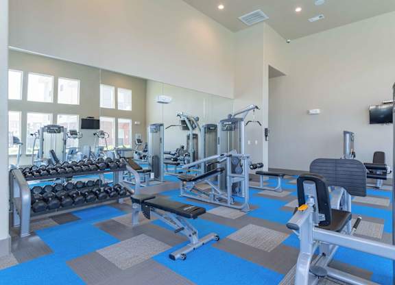 a gym with cardio equipment and weights at the arcadia apartments at Century Palm Bluff, Portland, TX, 78374