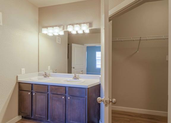 a bathroom with a sink and a mirror and a shower at Century Palm Bluff, Portland, 78374