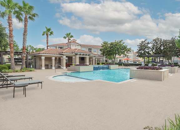 a swimming pool with a building in the background at Century South Shore, League City