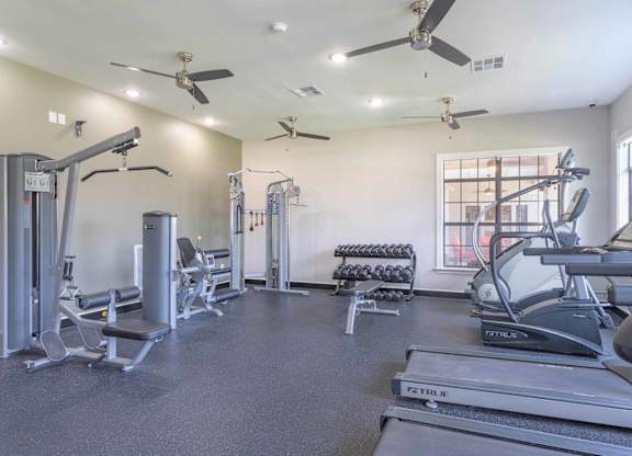 gym with cardio equipment at the whispering winds apartments in pearland, tx at Century South Shore, League City, TX