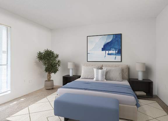 A bedroom with a large bed and a painting on the wall. at Grove at St. Andrews, Columbia, SC, 29210