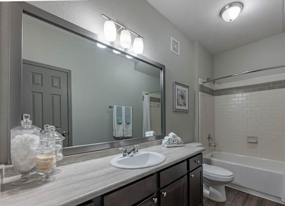 a bathroom with a large mirror and a sink and a toilet at Century HomePlace, Prattville, AL 36066