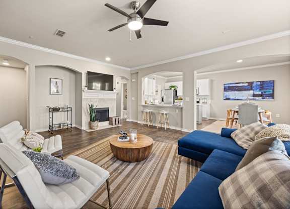 Living Room With Kitchen View at Bridge at Canyon Creek, Austin