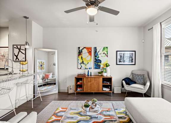 Living Room With Ceiling Fan at The James on South First, Austin, TX