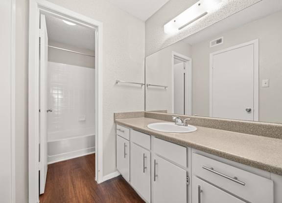 A bathroom with a sink, mirror, and cabinets. at Montecito, Texas, 78741