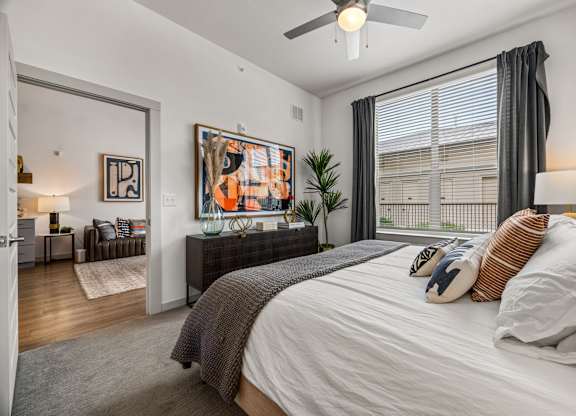 Bedroom With Ceiling Fan at The Haywood Apartments, Austin