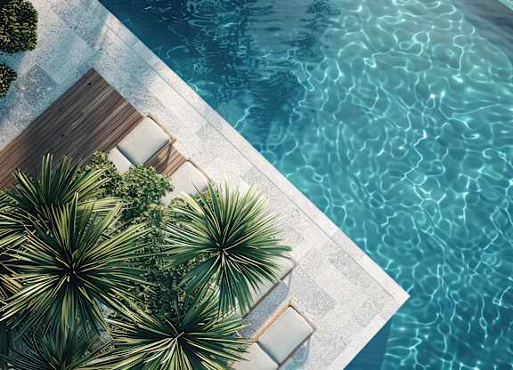 A pool with a wooden deck and palm trees.
