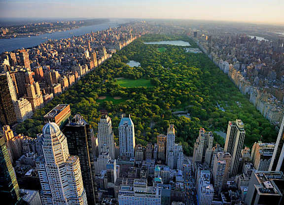 A cityscape with a large green park in the middle.