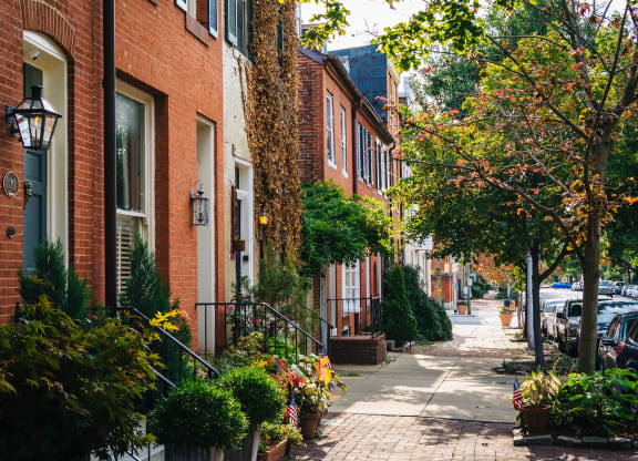 a city street with brick buildings and potted plants