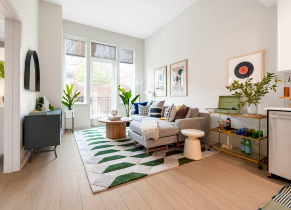 a living room with a couch and a rug