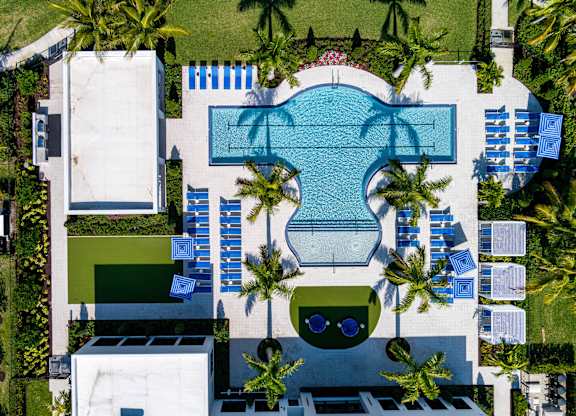 A swimming pool in the shape of a question mark is surrounded by palm trees.
