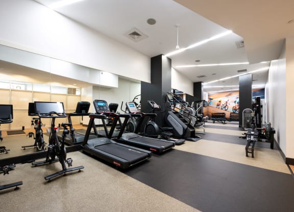 a gym with cardio equipment and weights on the floor