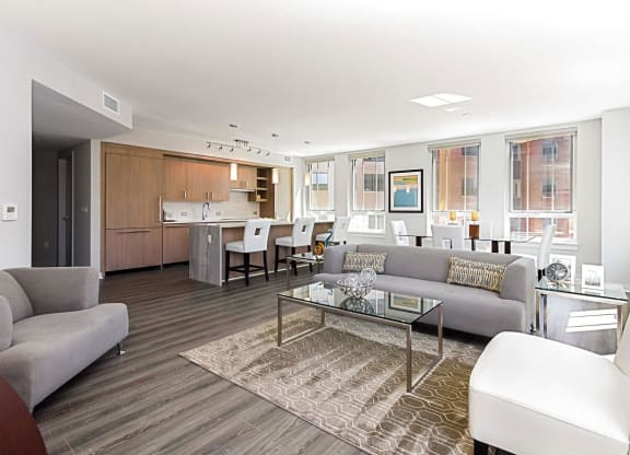 a living room with couches a coffee table and a kitchen in the background