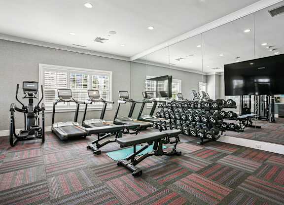 A gym with a variety of equipment including treadmills, stationary bikes, and weight machines.