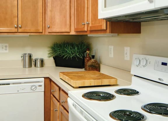 view of the kitchen with white appliances, ample counter space, and wooden cabinetry at Chesapeake Ridge, North East