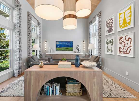 spacious clubroom with seating and decor
