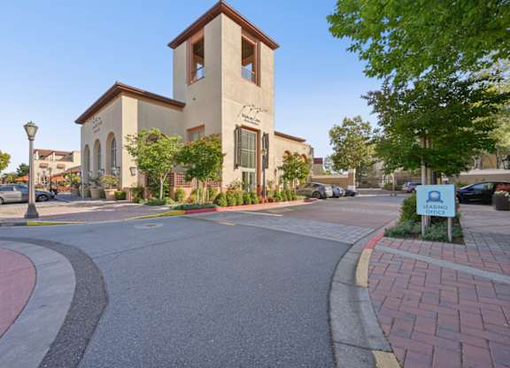 Exterior view of the Marlin Cove Apartments leasing office and community entrance in Foster City.