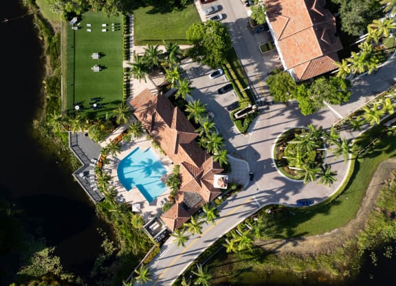 Aerial view of clubhouse and pond