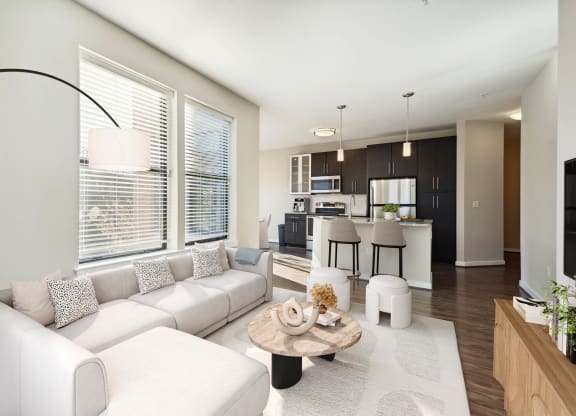 a living room with a couch and a table