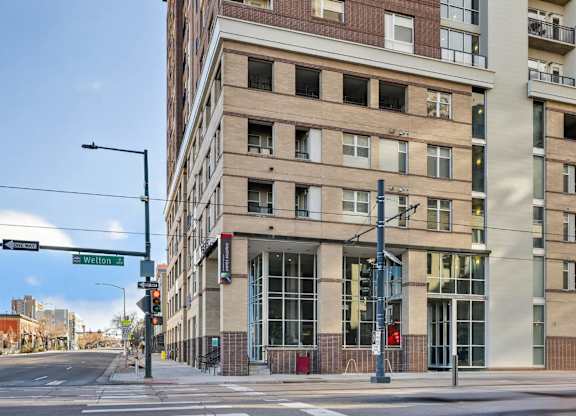 Exterior view of Arapahoe Square apartments in Denver, Colorado.