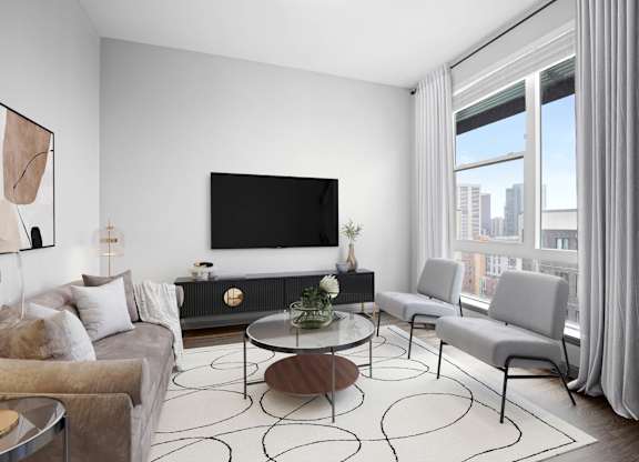 Luxury apartment living room with floor-to-ceiling windows, modern furniture, and natural light in Denver apartment.