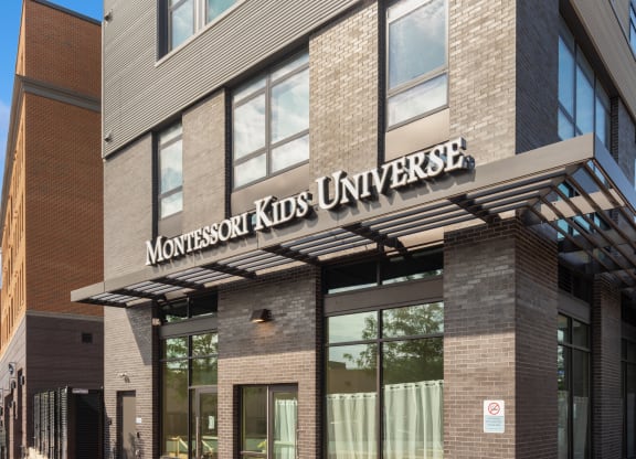 a building with a sign on the side of it