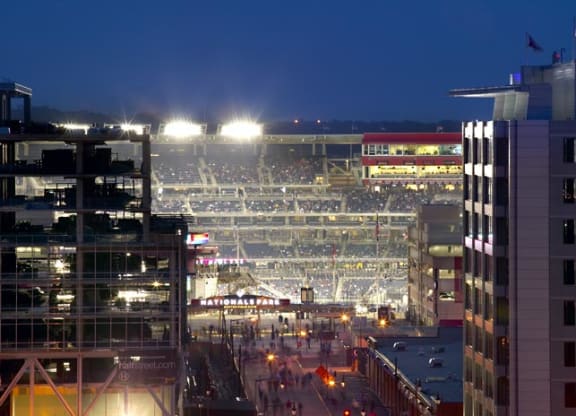 a view of a baseball stadium at night