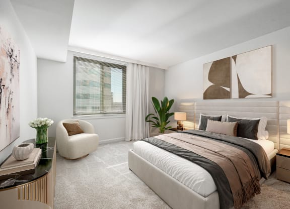 an apartment bedroom with a bed and a window