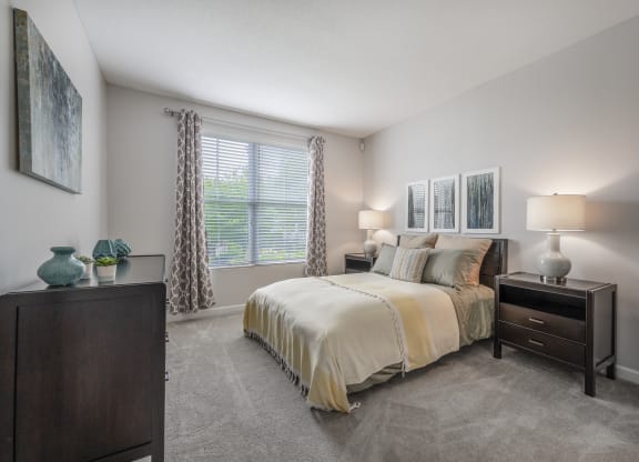a bedroom with a bed and a dresser and a window
