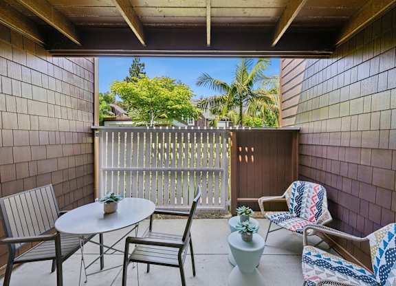 Private patio at Sunnyvale apartment with outdoor space and greenery