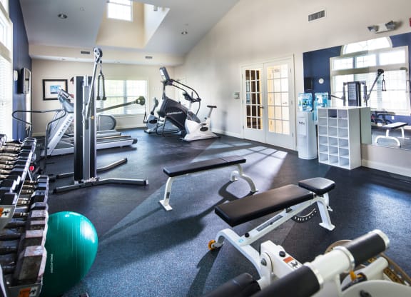 a gym with cardio equipment and weights on the floor