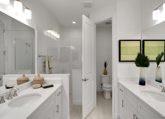 a bathroom with two sinks and a mirror