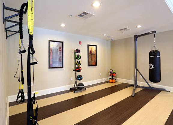 A gym with a punching bag, ropes and weights.