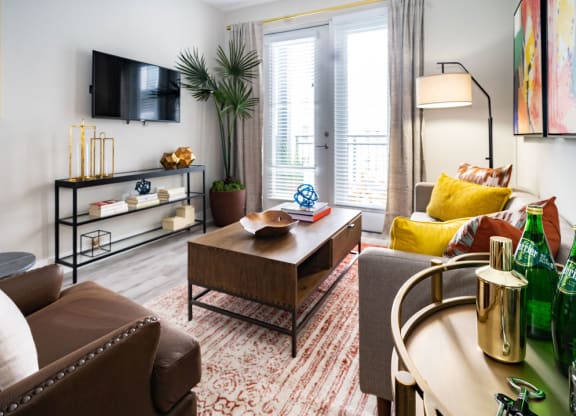 a living room with a couch and a coffee table and a television