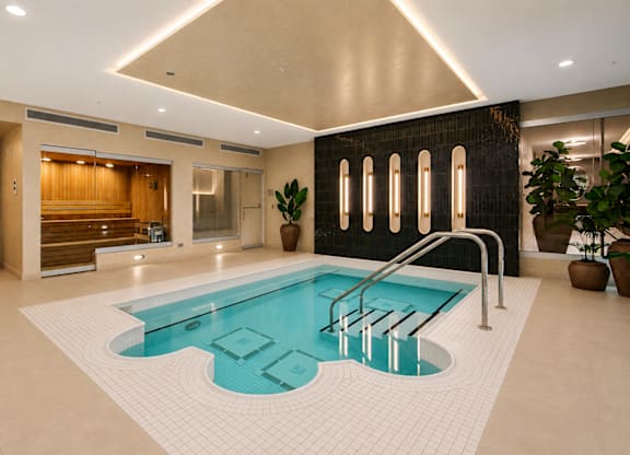 Renovated spa interior showcasing modern design details, clean lines, and warm textures.
