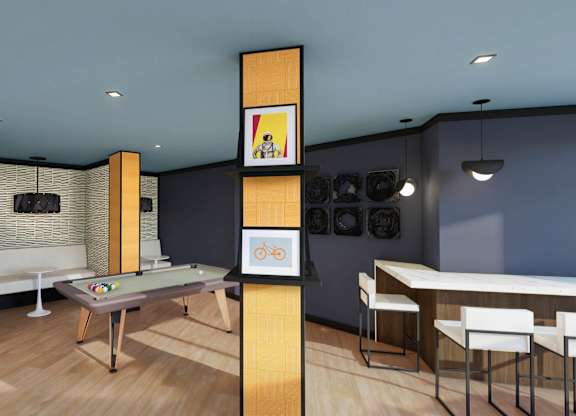 A room with a table, chairs, and a shelf with pictures and objects on it.