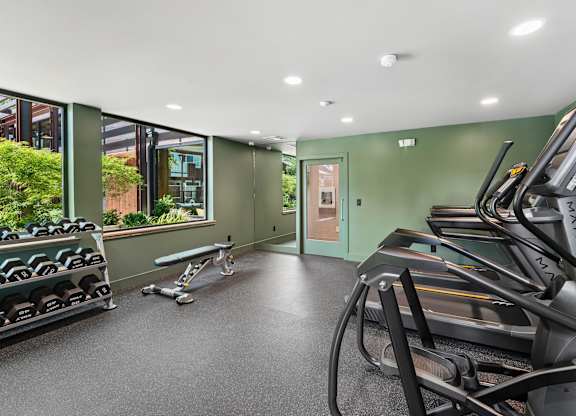 A gym with treadmills and exercise bikes.