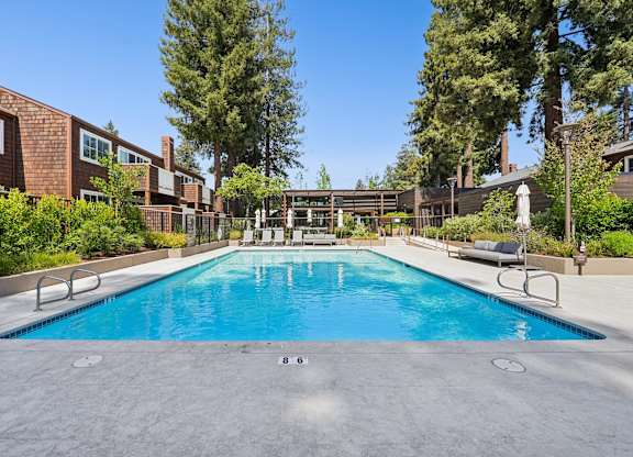 A swimming pool surrounded by trees and buildings.