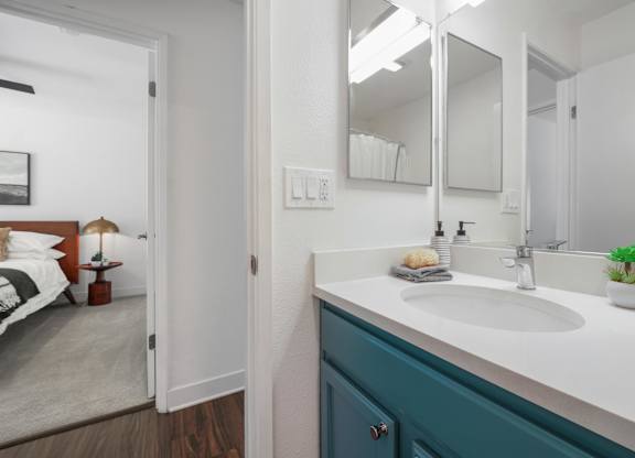 A bathroom with a white sink and a mirror above it.