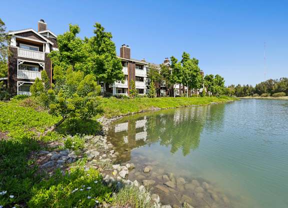 Waterfront view of Pescadero Apartments with landscaped shoreline and residential buildings along the water.