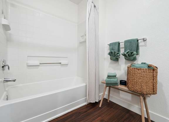 Modern bathroom at Pescadero Apartments with soaking tub, bright finishes, and updated fixtures.