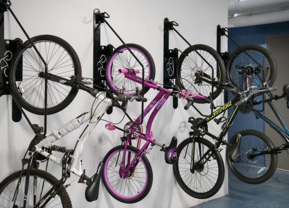 a row of bikes hanging on a wall