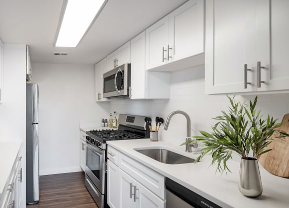 a kitchen with white cabinets and stainless steel appliances