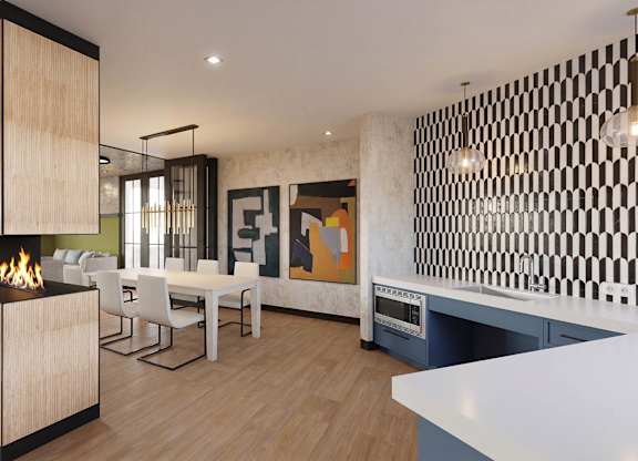 A modern living room with a fireplace and a dining table.