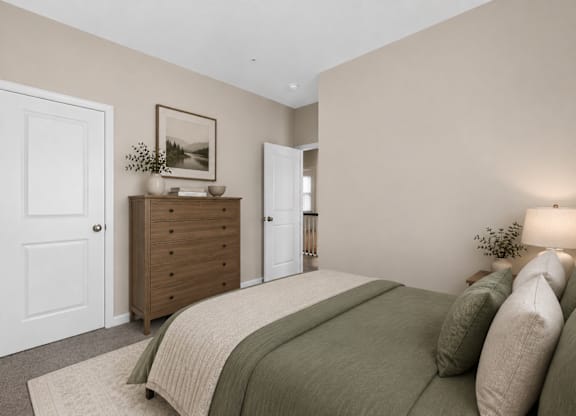 Bedroom with neutral walls, closet door, and soft lighting.