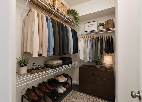 Walk-in closet with wire shelving, hanging rods, and organized storage space.