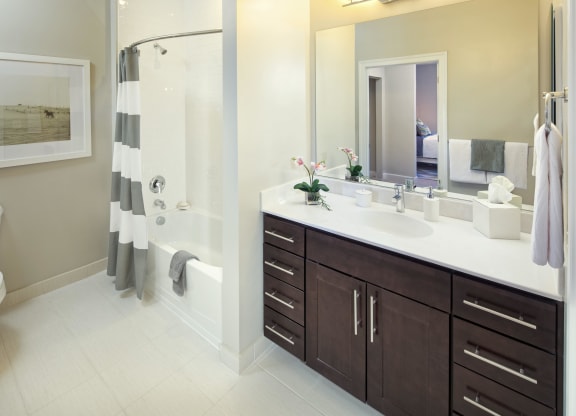 a bathroom with a sink and a shower and a toilet