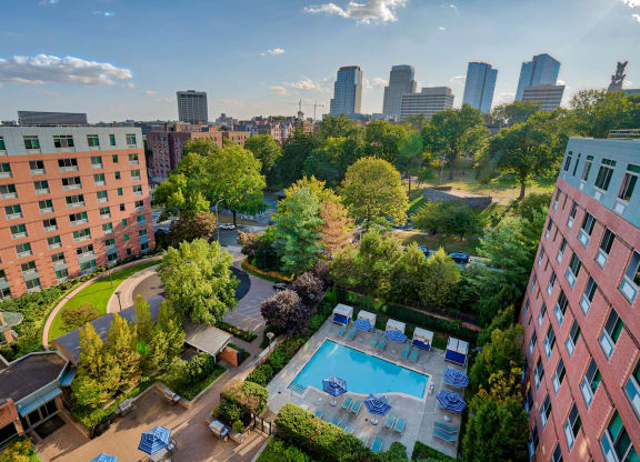 a view of the pool and the city from a hotel room
